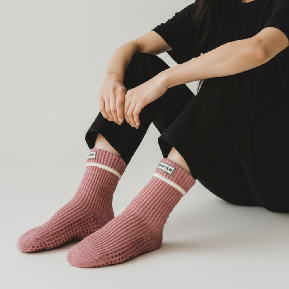 HUNTER Blush Pink Mid Plush Cable Knit Warm Gripped Fleece Lined Slipper Socks